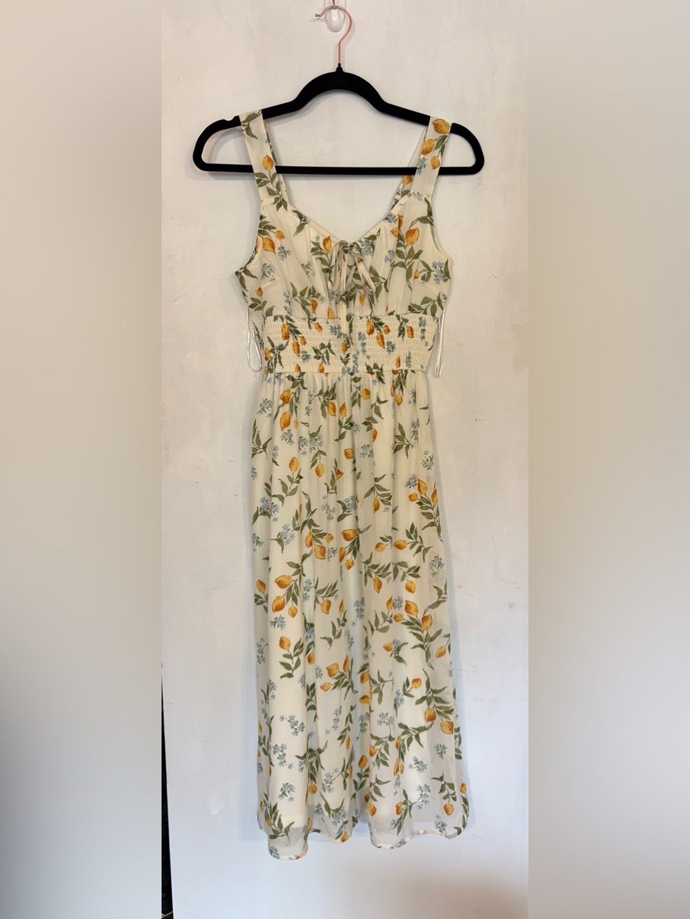 Cream Floral Midi Dress with Yellow Lemon Print